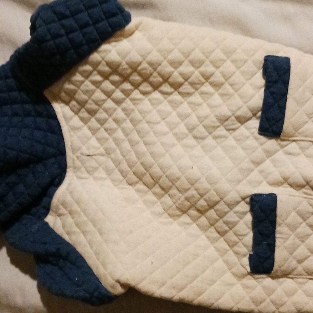 Dog jacket blue and Beige with hood and pockets size Med
